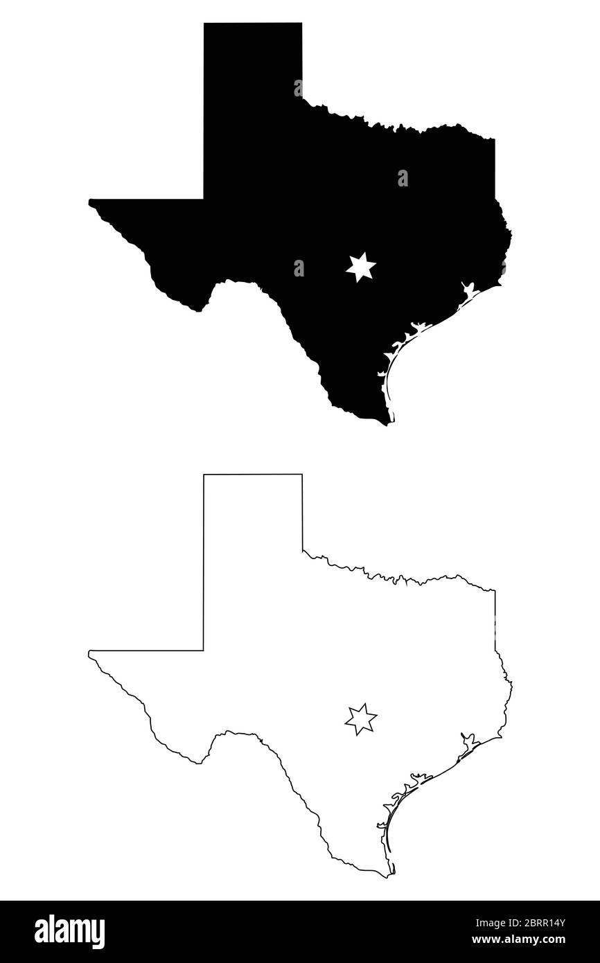 Texas TX State Map USA mit Capital City Star in Austin. Schwarze Silhouette und umreißen isolierte Karten auf weißem Hintergrund. EPS-Vektor Stock Vektor