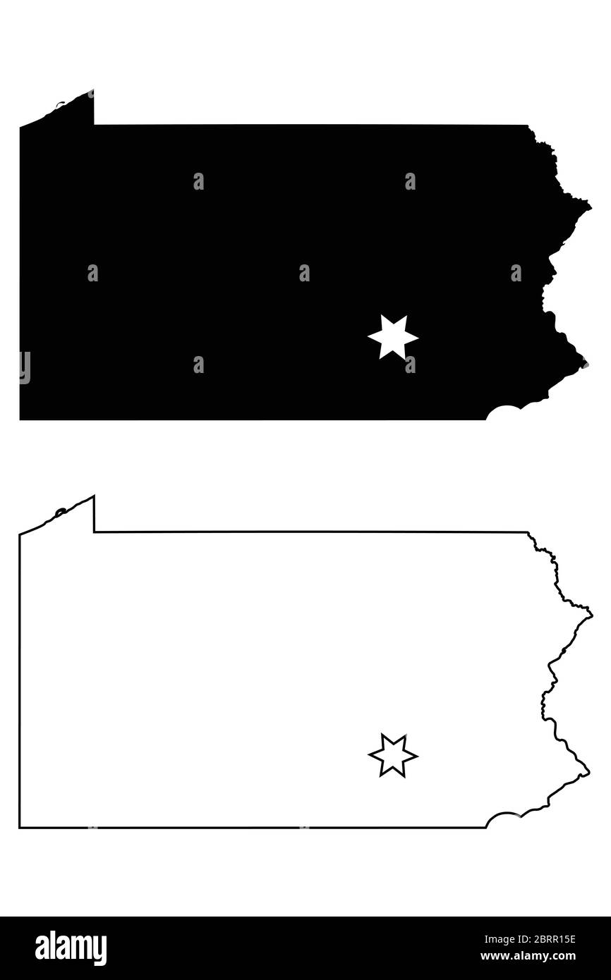 Pennsylvania PA State Map USA mit Capital City Star in Harrisburg. Schwarze Silhouette und Umriss isoliert auf weißem Hintergrund. EPS-Vektor Stock Vektor