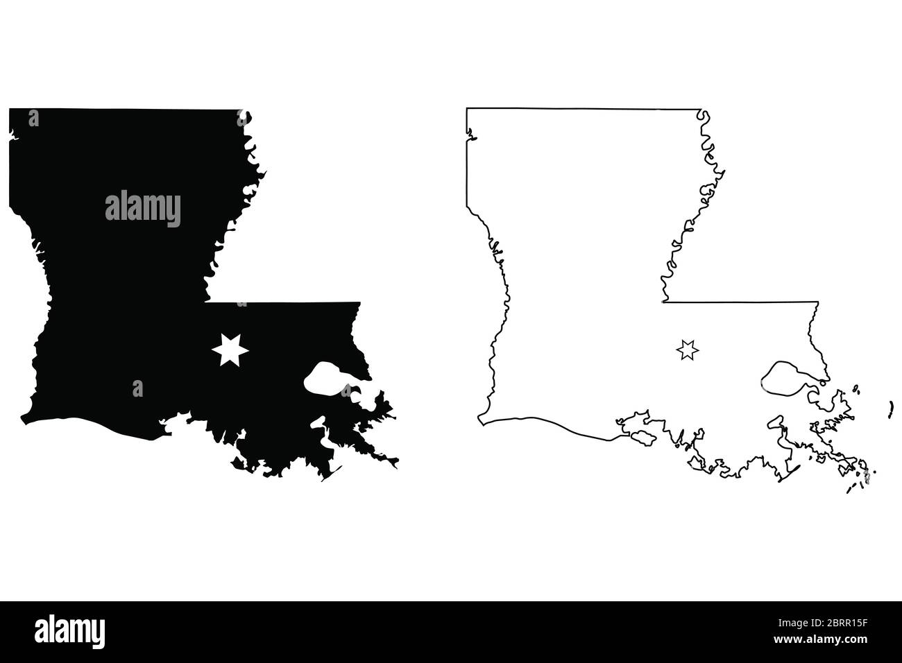 Louisiana LA State Karte USA mit Capital City Star in Baton Rouge. Schwarze Silhouette und Umriss isoliert auf weißem Hintergrund. EPS-Vektor Stock Vektor
