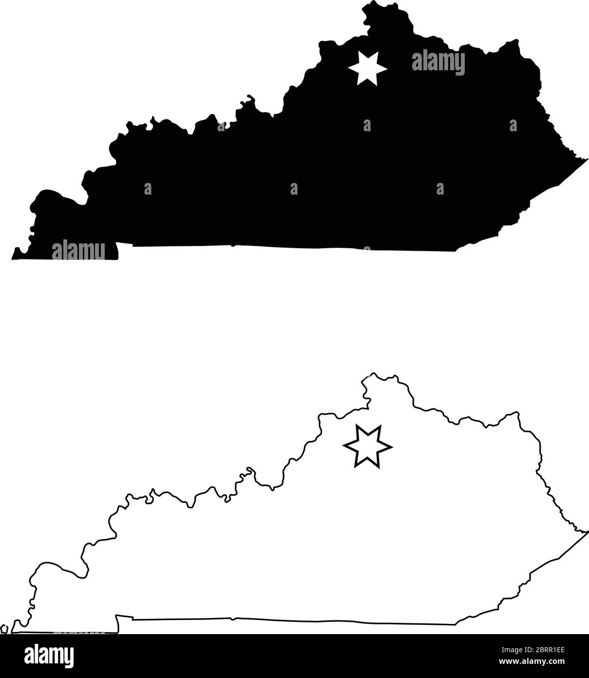 Kentucky KY State Map USA mit Capital City Star in Frankfort. Schwarze Silhouette und Umriss isoliert auf weißem Hintergrund. EPS-Vektor Stock Vektor
