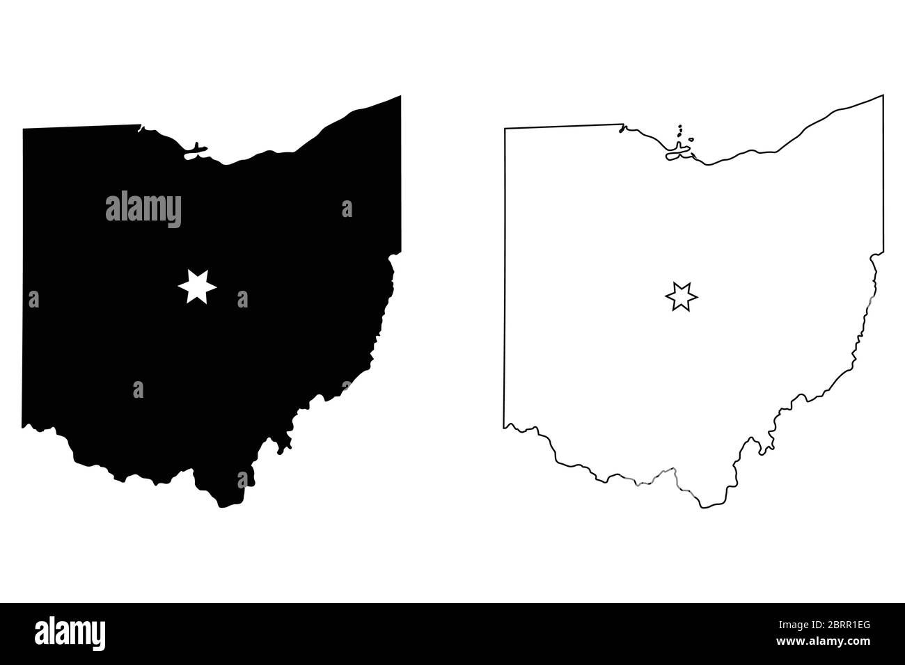 Ohio OH State Karte USA mit Capital City Star in Columbus. Schwarze Silhouette und Umriss isoliert auf weißem Hintergrund. EPS-Vektor Stock Vektor