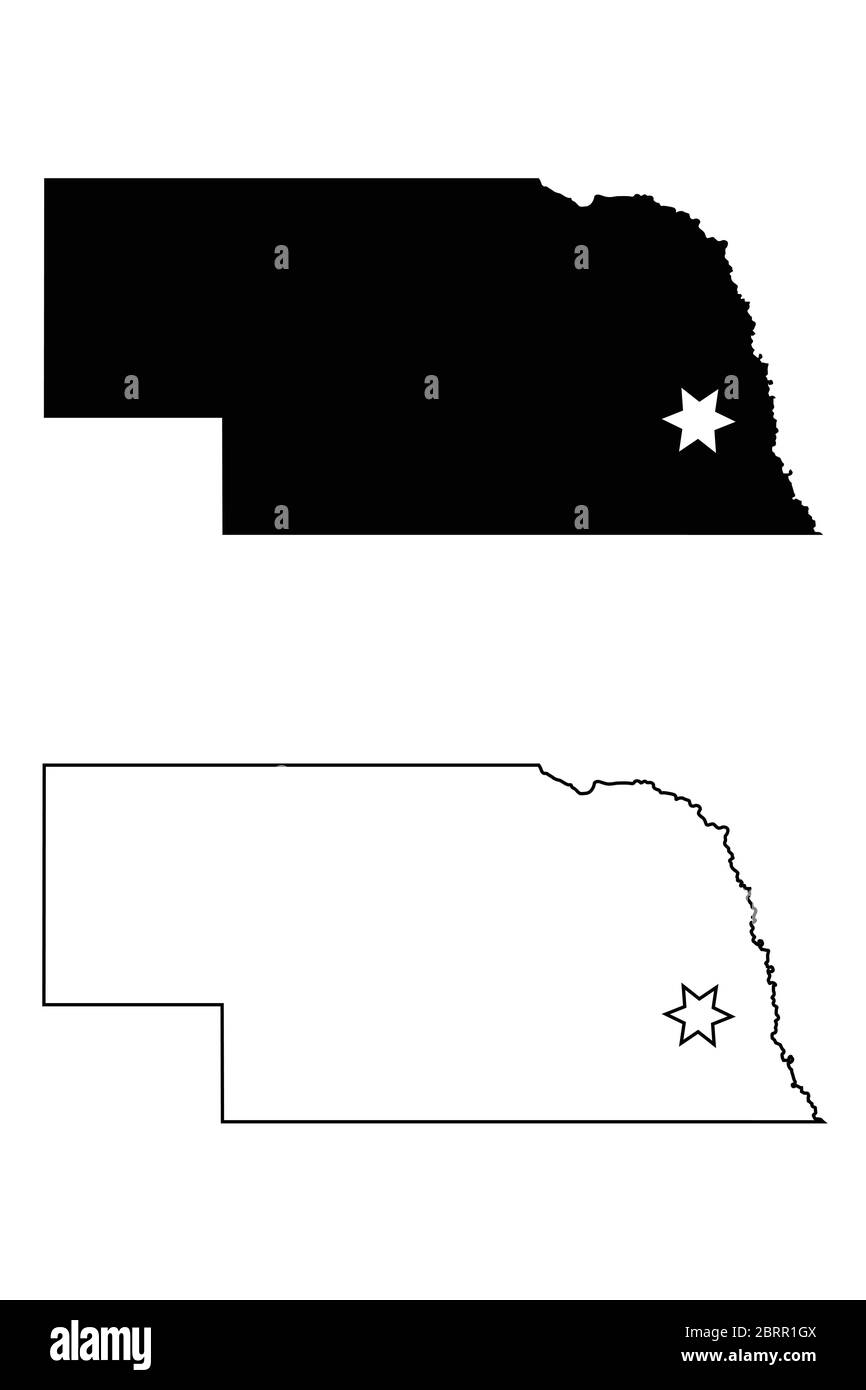 Karte von Nebraska NE State USA mit Capital City Star in Lincoln. Schwarze Silhouette und Umriss isoliert auf weißem Hintergrund. EPS-Vektor Stock Vektor