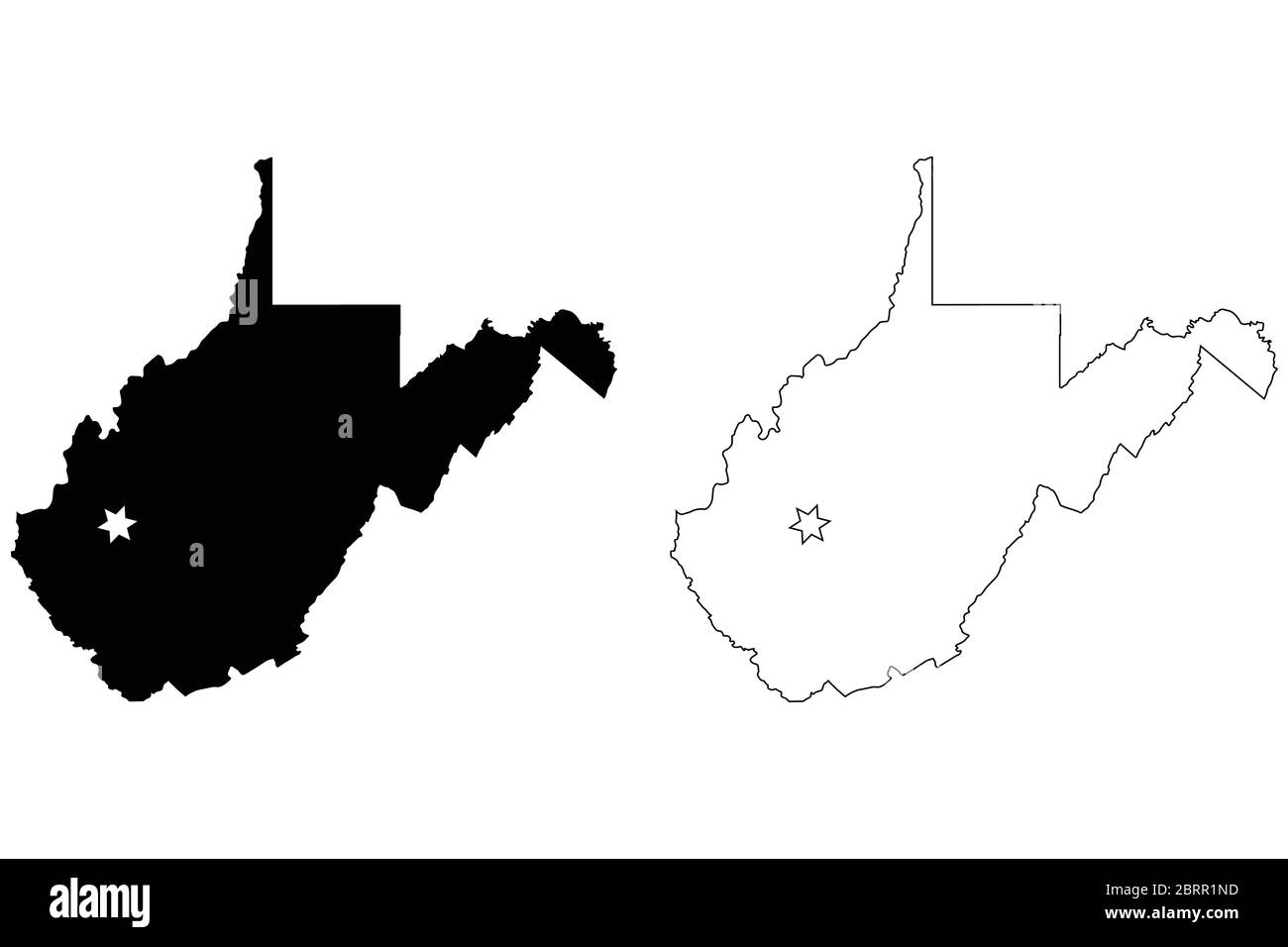 West Virginia WV State Map USA mit Capital City Star in Charleston. Schwarze Silhouette und umreißen isolierte Karten auf weißem Hintergrund. EPS-Vektor Stock Vektor