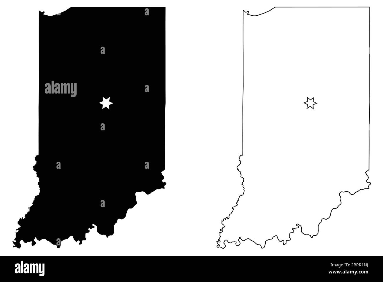 Indiana IN State Karten USA mit Capital City Star in Indianapolis. Schwarze Silhouette und Umriss isoliert auf weißem Hintergrund. EPS-Vektor Stock Vektor