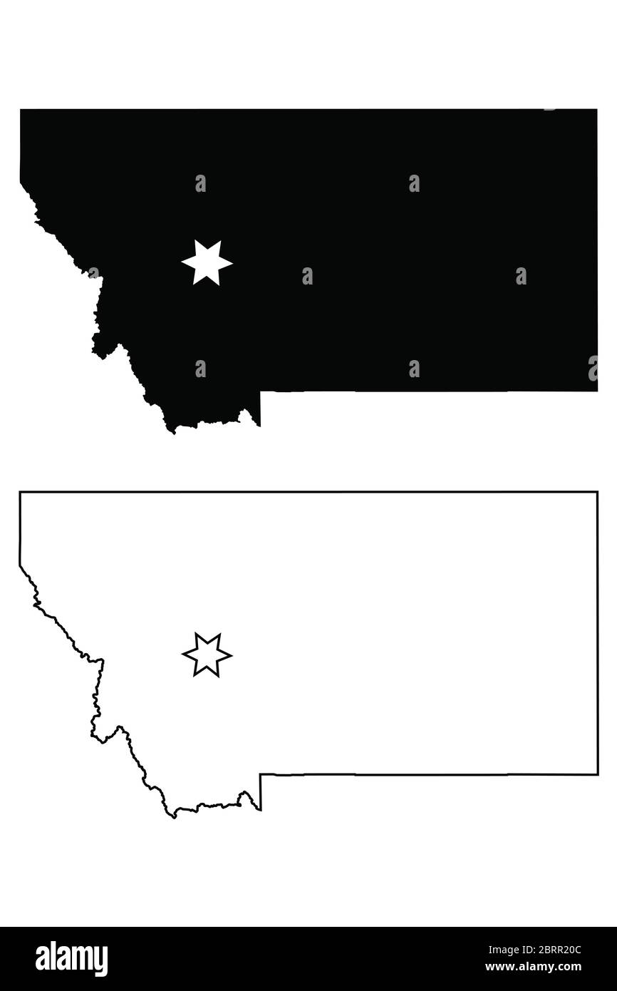 Montana MT State Map USA mit Capital City Star in Helena. Schwarze Silhouette und Umriss isoliert auf weißem Hintergrund. EPS-Vektor Stock Vektor