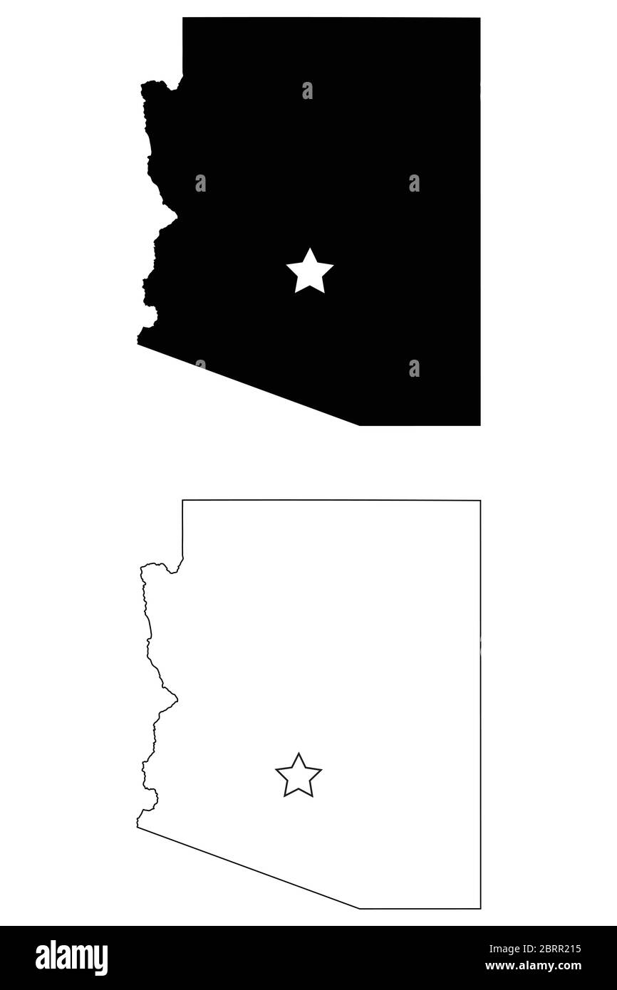 Arizona AZ State Map USA mit Capital City Star in Phoenix. Schwarze Silhouette und umreißen isolierte Karten auf weißem Hintergrund. EPS-Vektor Stock Vektor