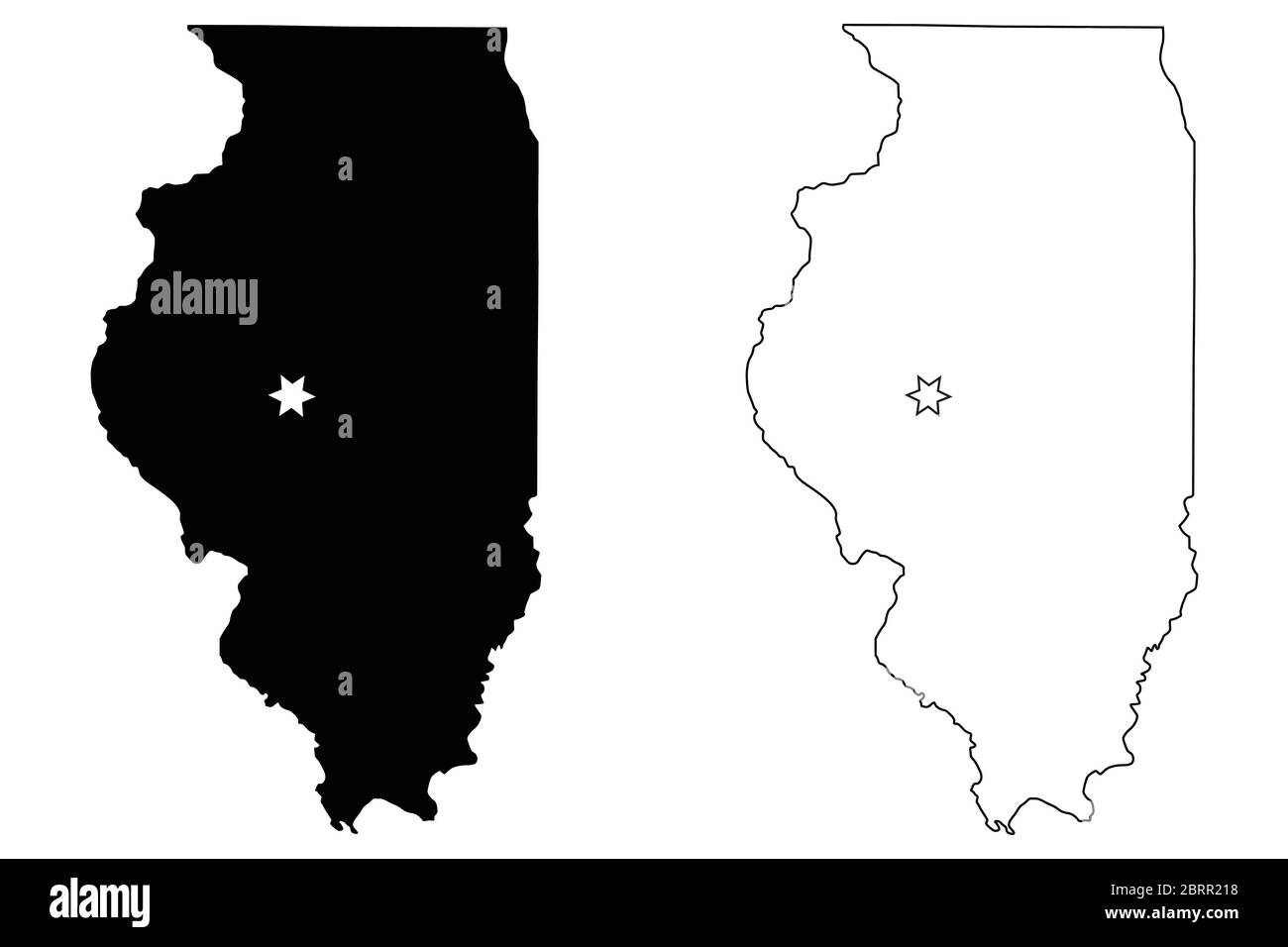 Illinois IL State Karte USA mit Capital City Star in Springfield. Schwarze Silhouette und Umriss isoliert auf weißem Hintergrund. EPS-Vektor Stock Vektor