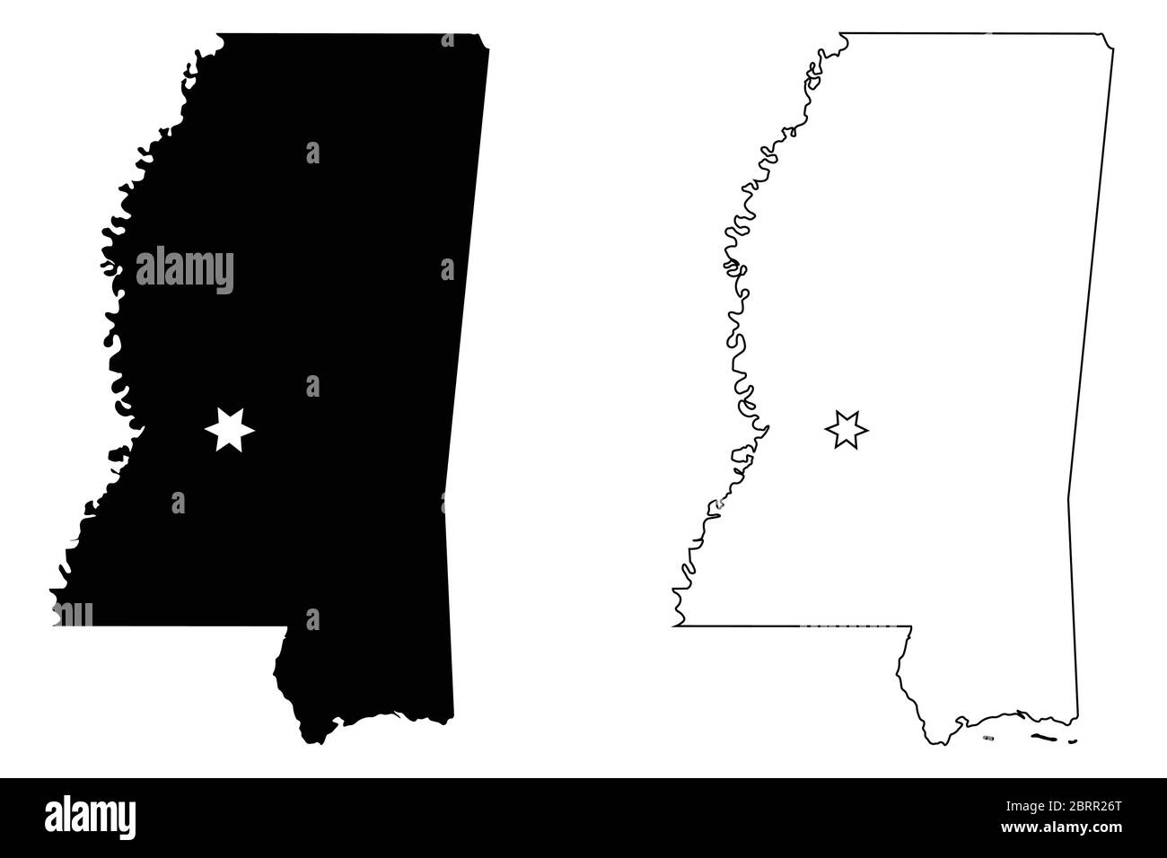 Mississippi MS State Karte USA mit Capital City Star in Jackson. Schwarze Silhouette und Umriss isoliert auf weißem Hintergrund. EPS-Vektor Stock Vektor