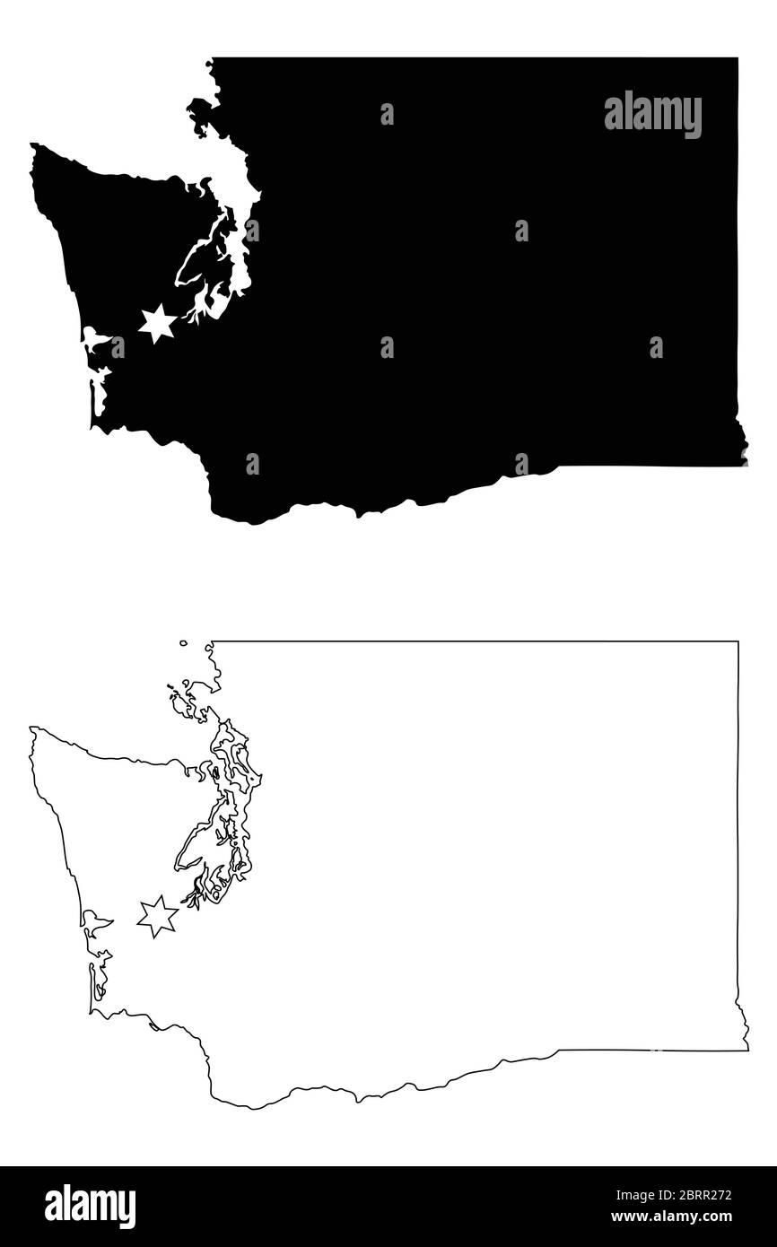 Washington WA State Map USA mit Capital City Star in Olympia. Schwarze Silhouette und umreißen isolierte Karten auf weißem Hintergrund. EPS-Vektor Stock Vektor