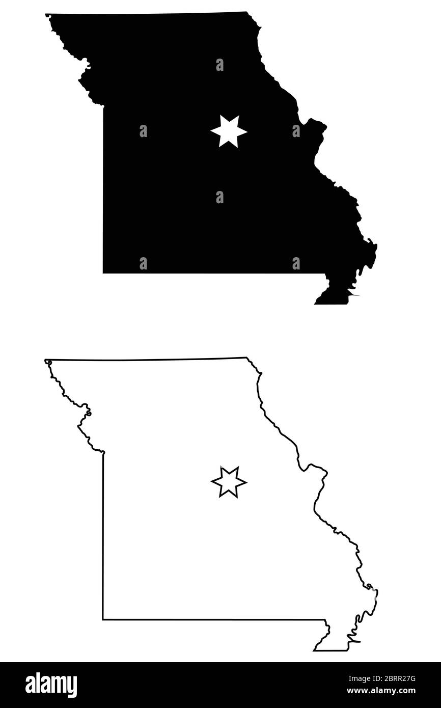 Missouri MO State Map USA mit Capital City Star in Jefferson City. Schwarze Silhouette und Umriss isoliert auf weißem Hintergrund. EPS-Vektor Stock Vektor