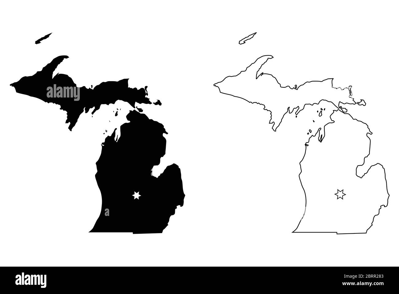 Michigan MI State Map USA mit Capital City Star in Lansing. Schwarze Silhouette und Umriss isoliert auf weißem Hintergrund. EPS-Vektor Stock Vektor