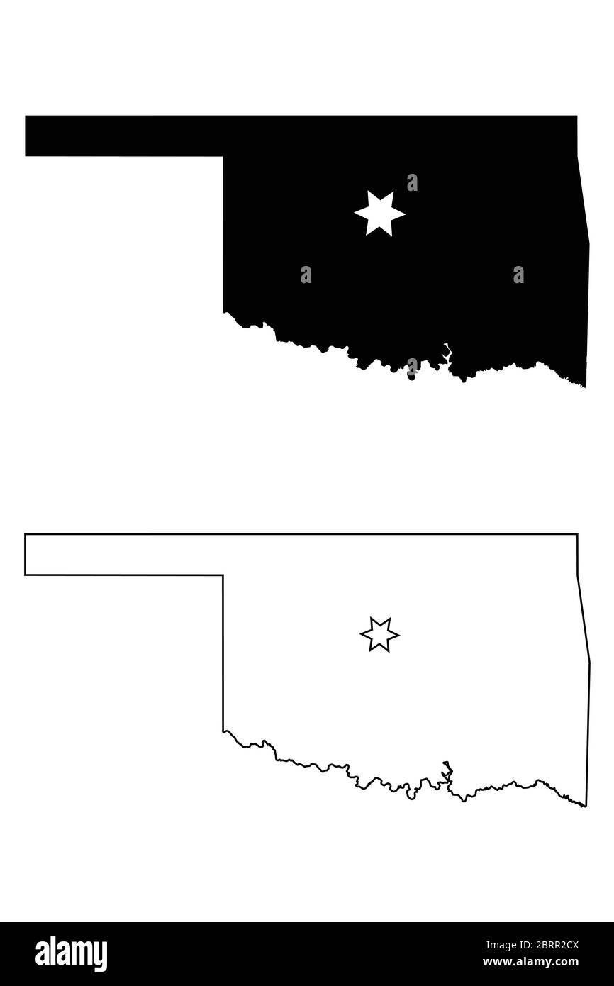 Oklahoma OK State Map USA mit Capital City Star in Oklahoma City. Schwarze Silhouette und Umriss isoliert auf weißem Hintergrund. EPS-Vektor Stock Vektor