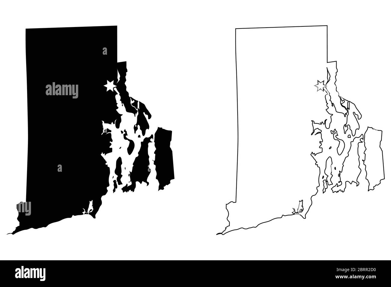 Rhode Island RI State Map USA mit Capital City Star in Providence. Schwarze Silhouette und Umriss isoliert auf weißem Hintergrund. EPS-Vektor Stock Vektor