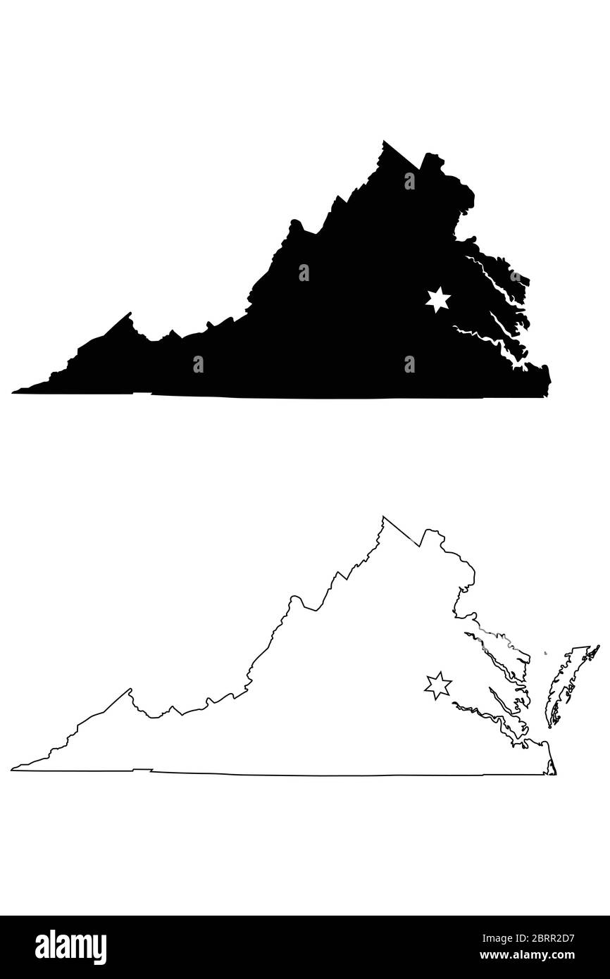 Virginia VA State Map USA mit Capital City Star in Richmond. Schwarze Silhouette und umreißen isolierte Karten auf weißem Hintergrund. EPS-Vektor Stock Vektor