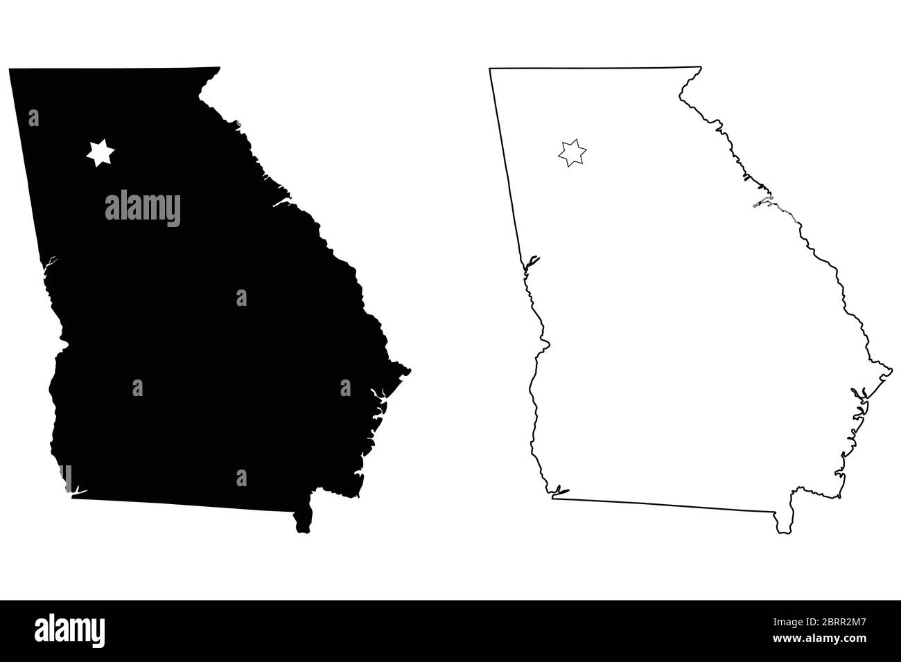 Georgia GA State Karte USA mit Capital City Star in Atlanta. Schwarze Silhouette und Umriss isoliert auf weißem Hintergrund. EPS-Vektor Stock Vektor