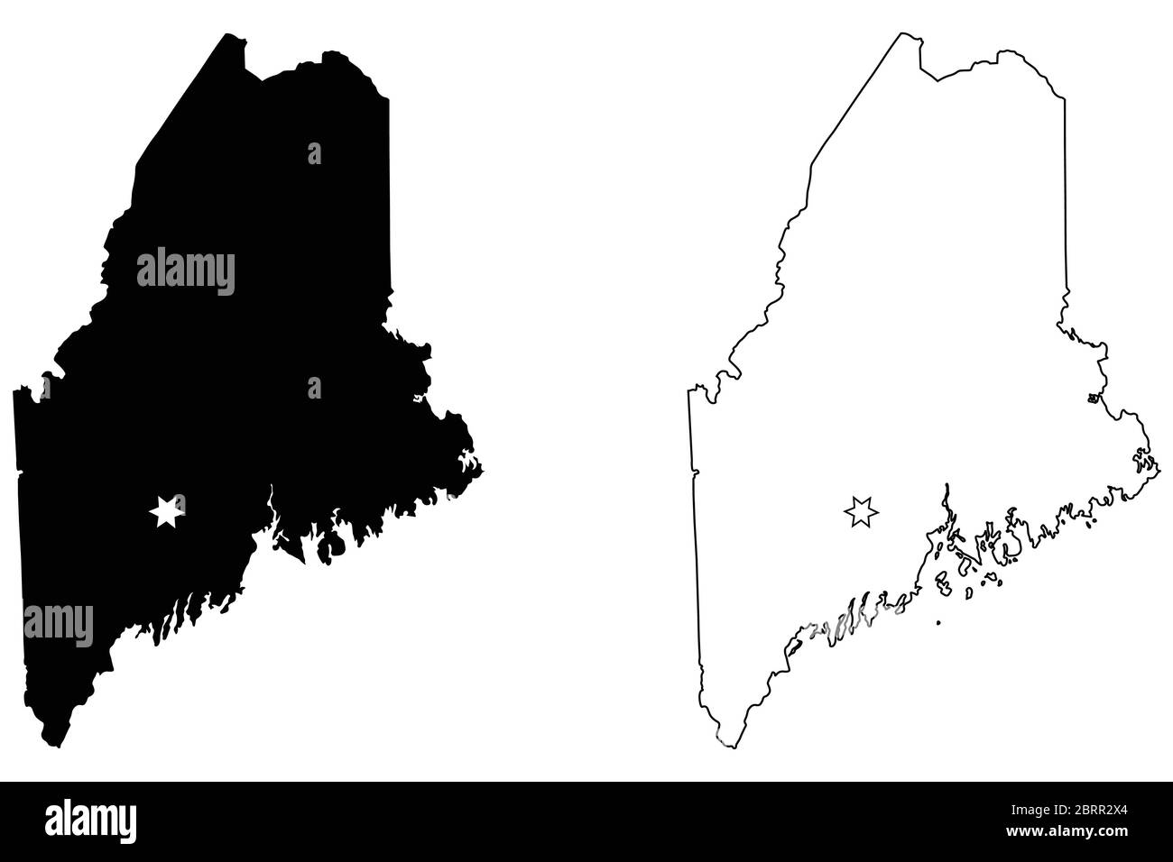 Maine ME State Map USA mit Capital City Star in Augusta. Schwarze Silhouette und Umriss isoliert auf weißem Hintergrund. EPS-Vektor Stock Vektor
