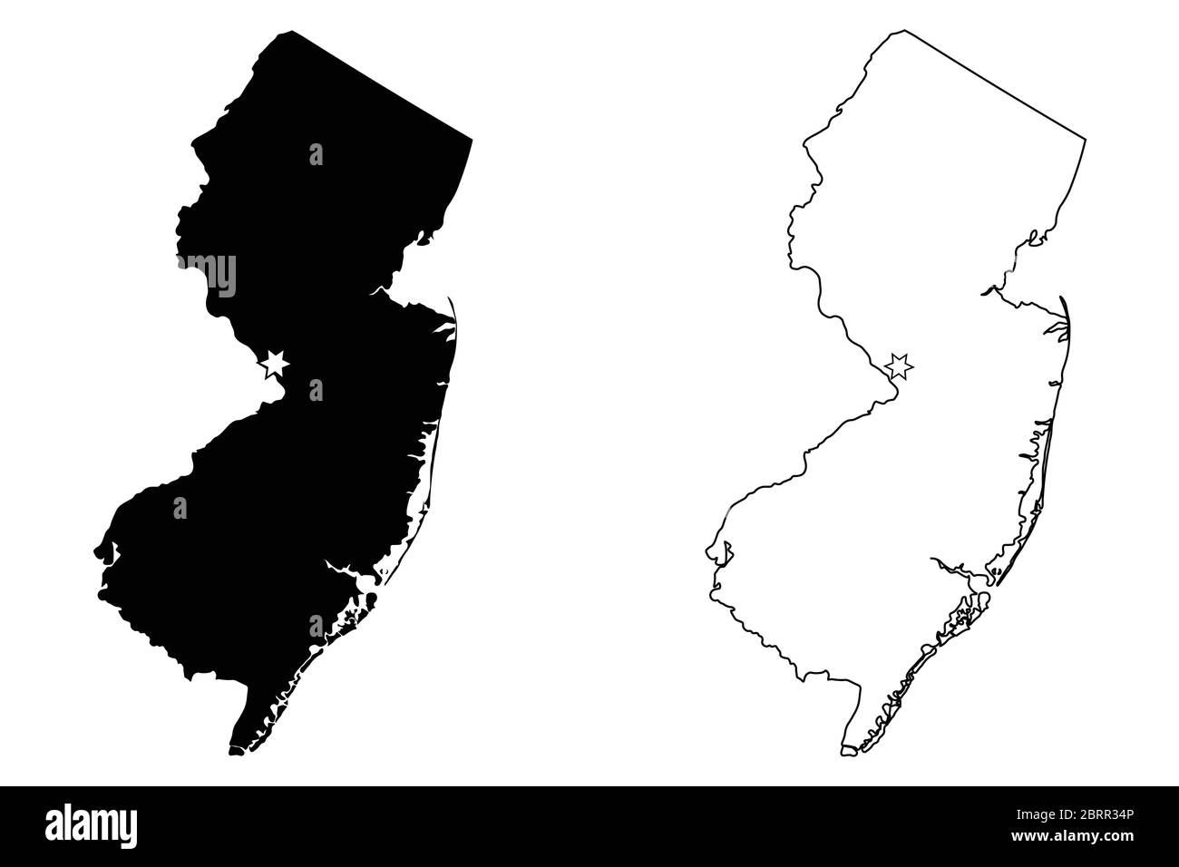 New Jersey, New Jersey, USA mit Capital City Star in Trenton. Schwarze Silhouette und Umriss isoliert auf weißem Hintergrund. EPS-Vektor Stock Vektor