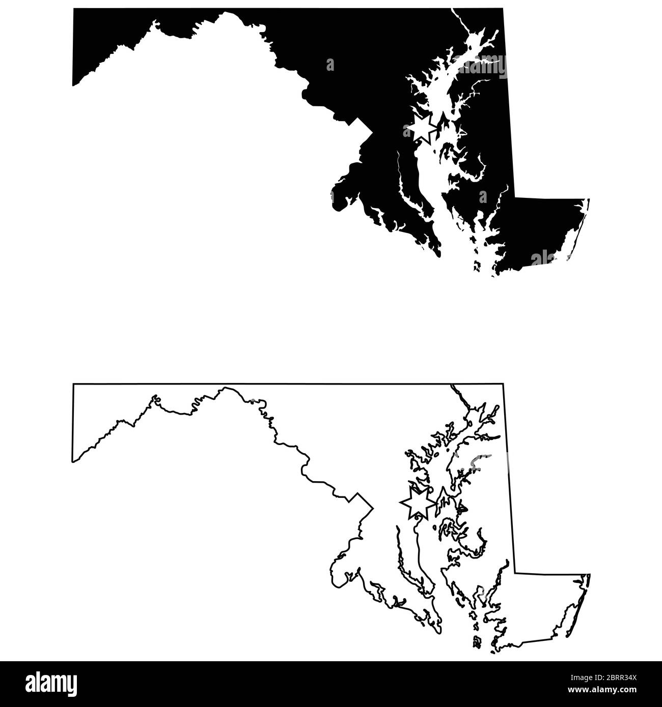 Maryland MD State Map USA mit Capital City Star in Annapolis. Schwarze Silhouette und Umriss isoliert auf weißem Hintergrund. EPS-Vektor Stock Vektor
