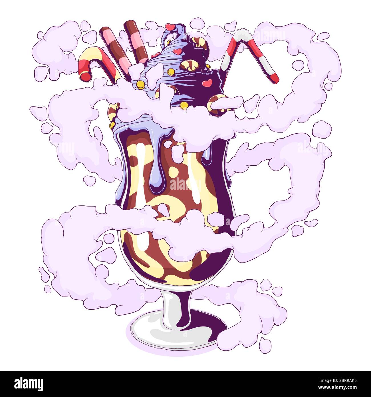 Eis in Eisbecher aus Eisbecher mit Karamell, Schokolade, Dragee und Waffelstab. Vektor handgezeichnete Illustration isoliert auf weißem Hintergrund. Stock Vektor