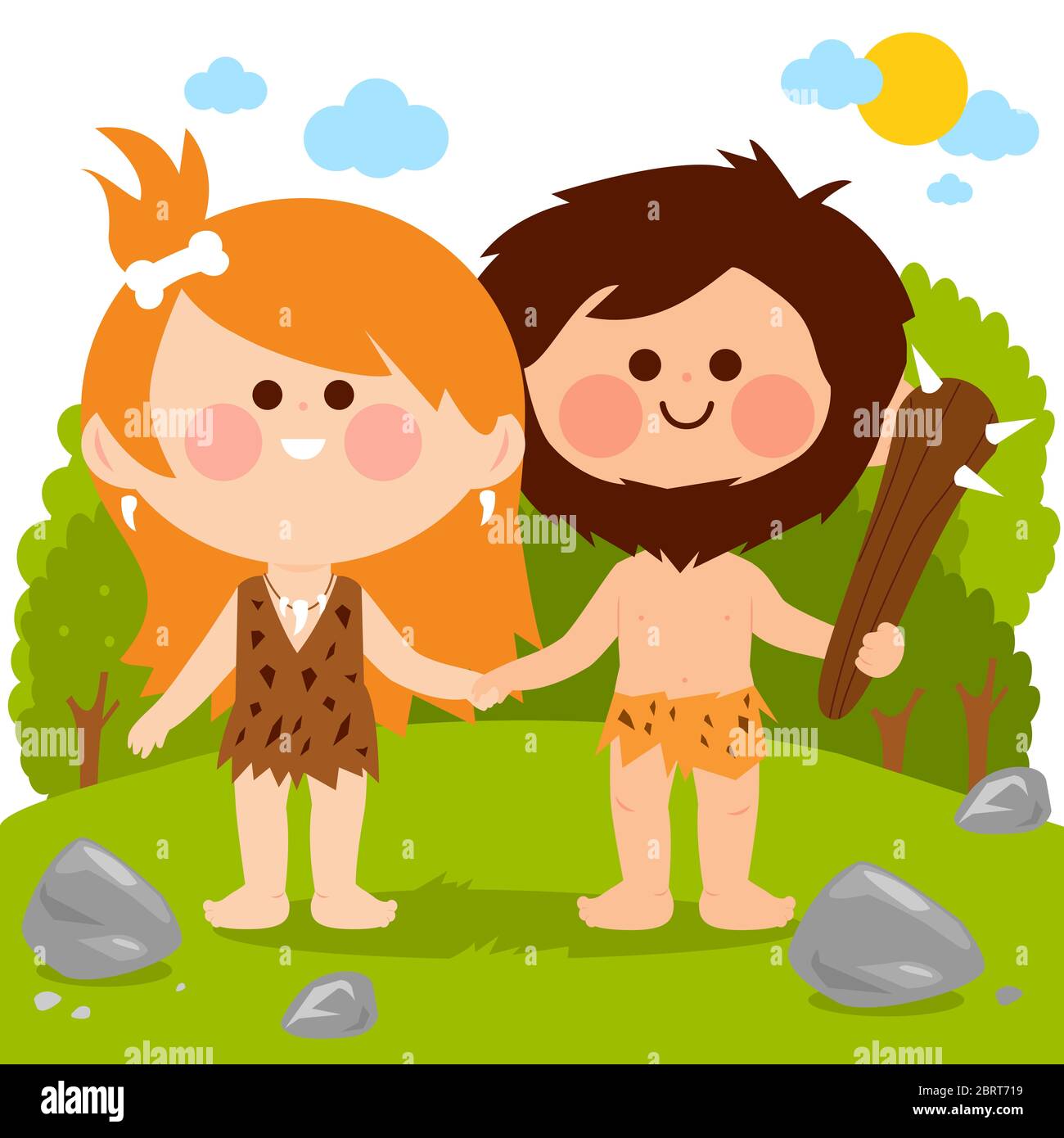 Prähistorische Landschaft mit zwei Höhlenmenschen, einem Mann und einer Frau, die die Hände halten. Stockfoto
