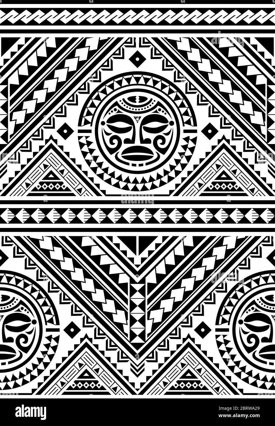 Polynesische nahtlose geometrische Vektor-Muster mit Maori Gesicht Mandala Tattoo-Design, hawaiianischen Tribal Hintergrund von der Kunst inspiriert traditionelle geometrische A Stock Vektor