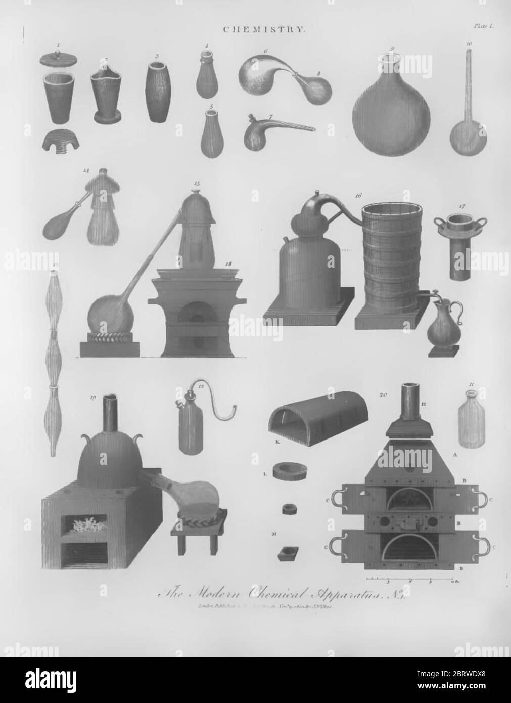 Moderne chemische Apparate für das Studium der Chemie Kupferstich aus der Encyclopedia Londinensis oder, Universal Wörterbuch der Künste, Wissenschaften und Literatur; Band IV; herausgegeben von Wilkes, John. Veröffentlicht in London im Jahr 1810 Stockfoto