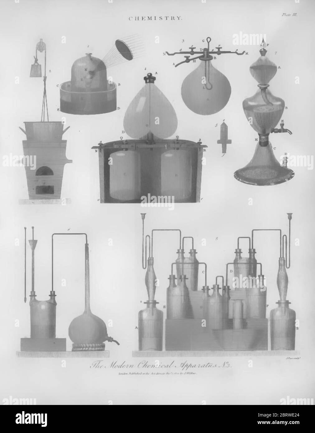 Moderne chemische Apparate für das Studium der Chemie Kupferstich aus der Encyclopedia Londinensis oder, Universal Wörterbuch der Künste, Wissenschaften und Literatur; Band IV; herausgegeben von Wilkes, John. Veröffentlicht in London im Jahr 1810 Stockfoto