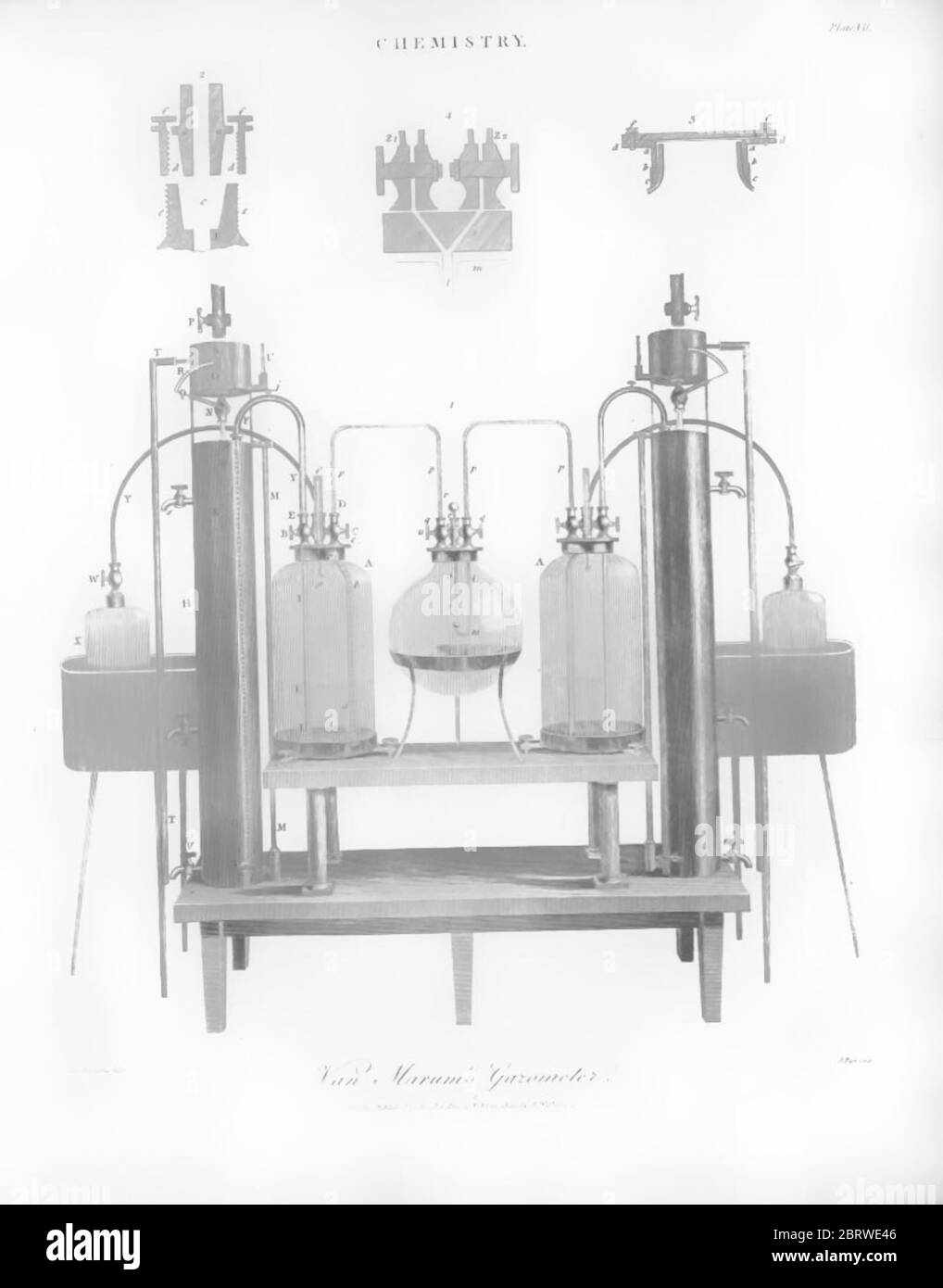 Moderne chemische Apparate für das Studium der Chemie Kupferstich aus der Encyclopedia Londinensis oder, Universal Wörterbuch der Künste, Wissenschaften und Literatur; Band IV; herausgegeben von Wilkes, John. Veröffentlicht in London im Jahr 1810 Stockfoto