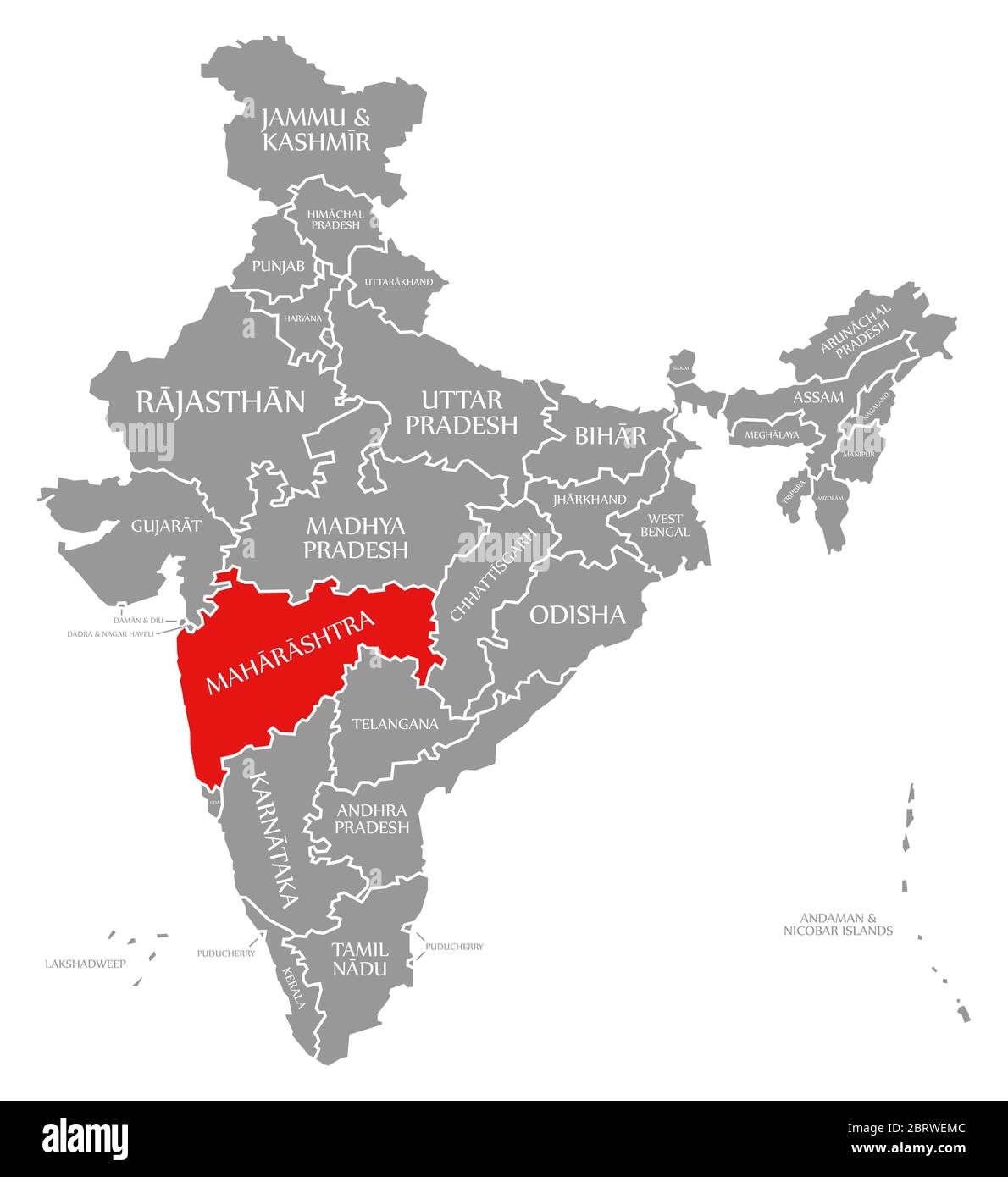 Maharashtra in Rot hervorgehoben Karte von Indien Stockfoto