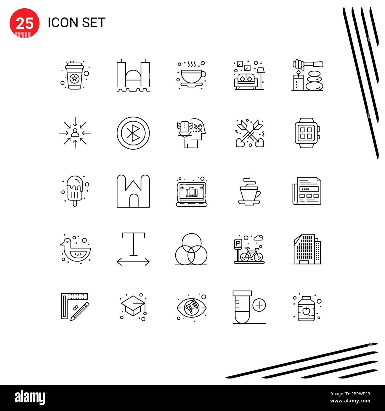 Packung mit 25 kreativen Linien von Spa, Massagen, Fluss, Sofa, Couch editierbar Vektor Design-Elemente Stock Vektor