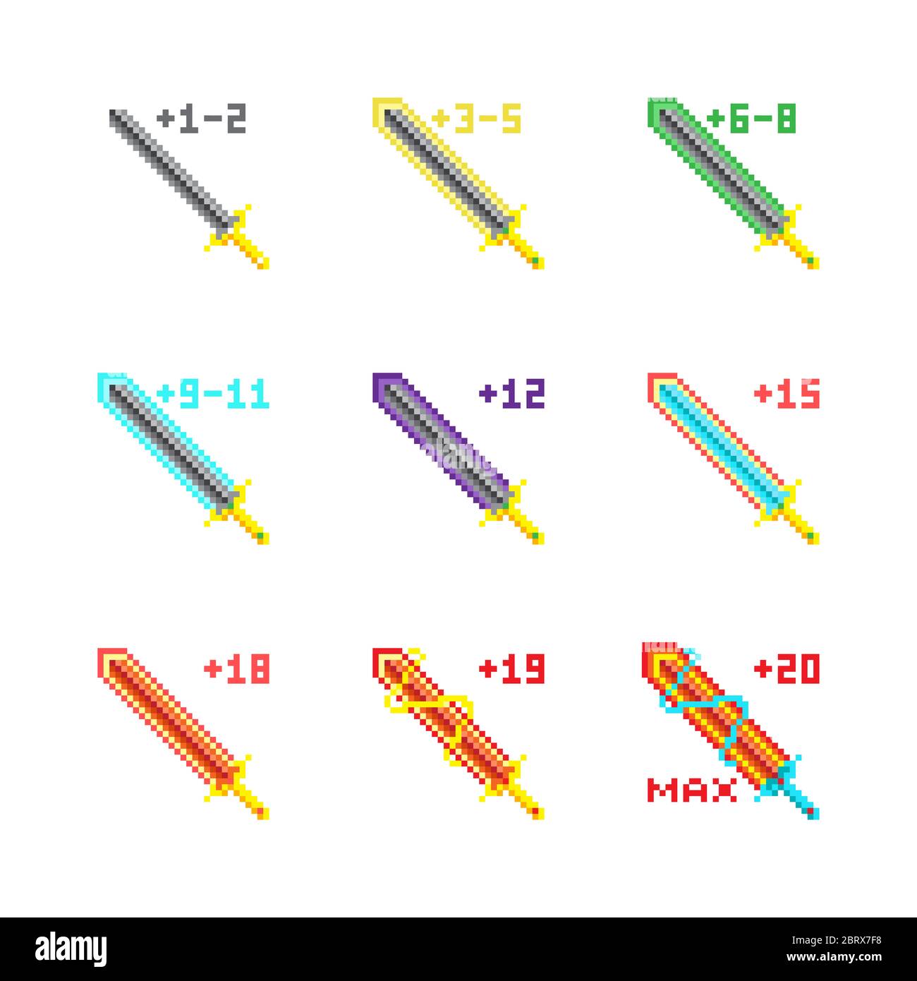 Farbe der Waffe Upgrade in jedem Level des Pixel-Spiel auf weißem Hintergrund. Schwert. Stockfoto
