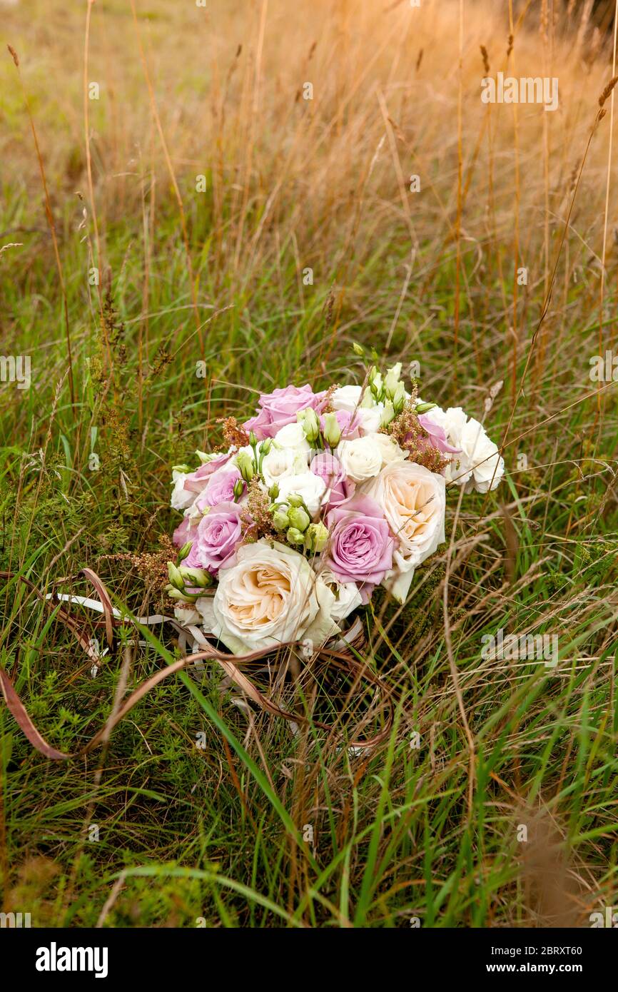 Hochzeitsstrauß in violetten und weißen Tönen von Rosen und Eustoma Stockfoto