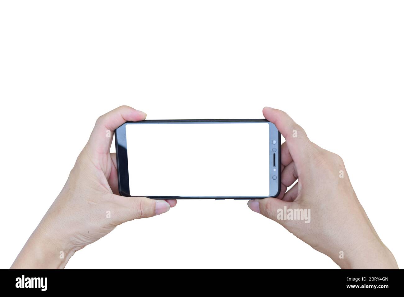 Hand halten Smartphone mit leerem Bildschirm, isoliert auf weißem Hintergrund mit Beschneidungspfad. Stockfoto