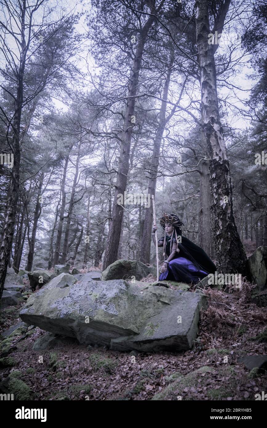 Medusa aus ihrem Verglauf und durch die Felsen und Bäume wandernd Stockfoto