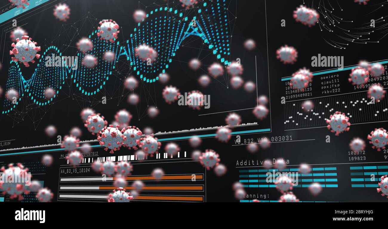 Wissenschaftler Bildschirme mit Graphen und DNA-Stamm über Coronavirus Covid19 Zellen Stockfoto
