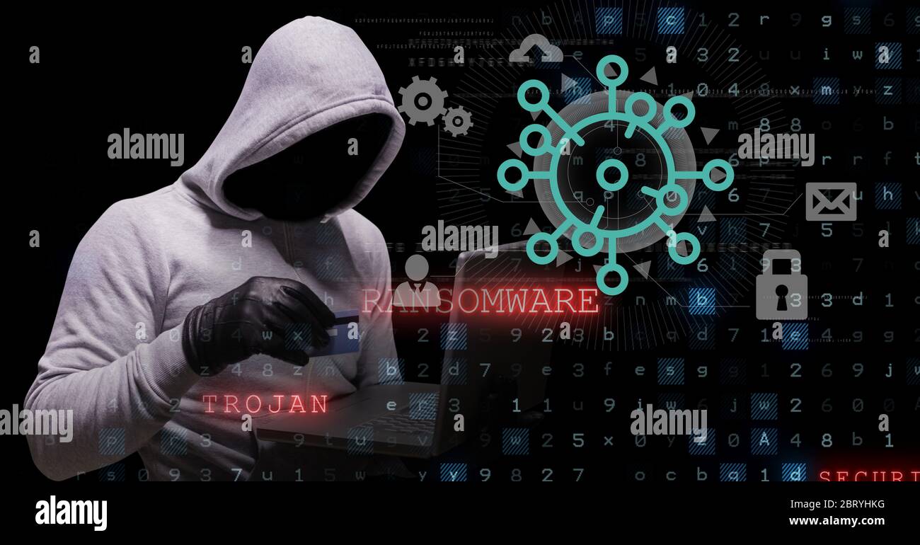 Hacker während Coronavirus covid19 Pandemie mit Laptop Stockfoto
