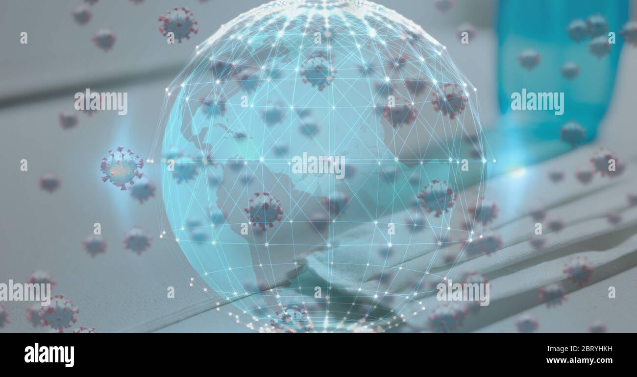 Globus mit Netzwerk von Verbindungen über Coronavirus Covid19 Maske und Gel Stockfoto