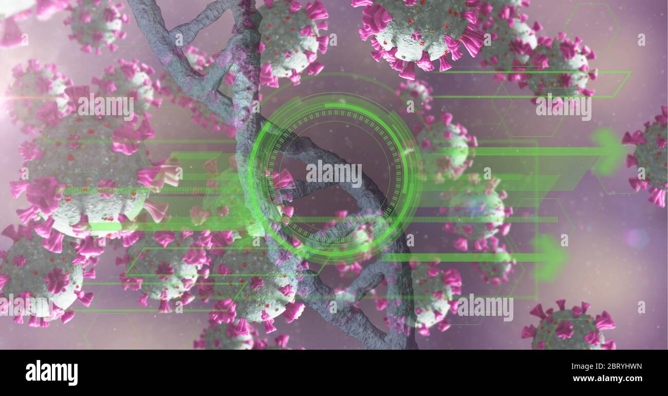3D-Strain mit grünem Scan von rosafarbenen Coronavirus Covid19 Zellen Stockfoto