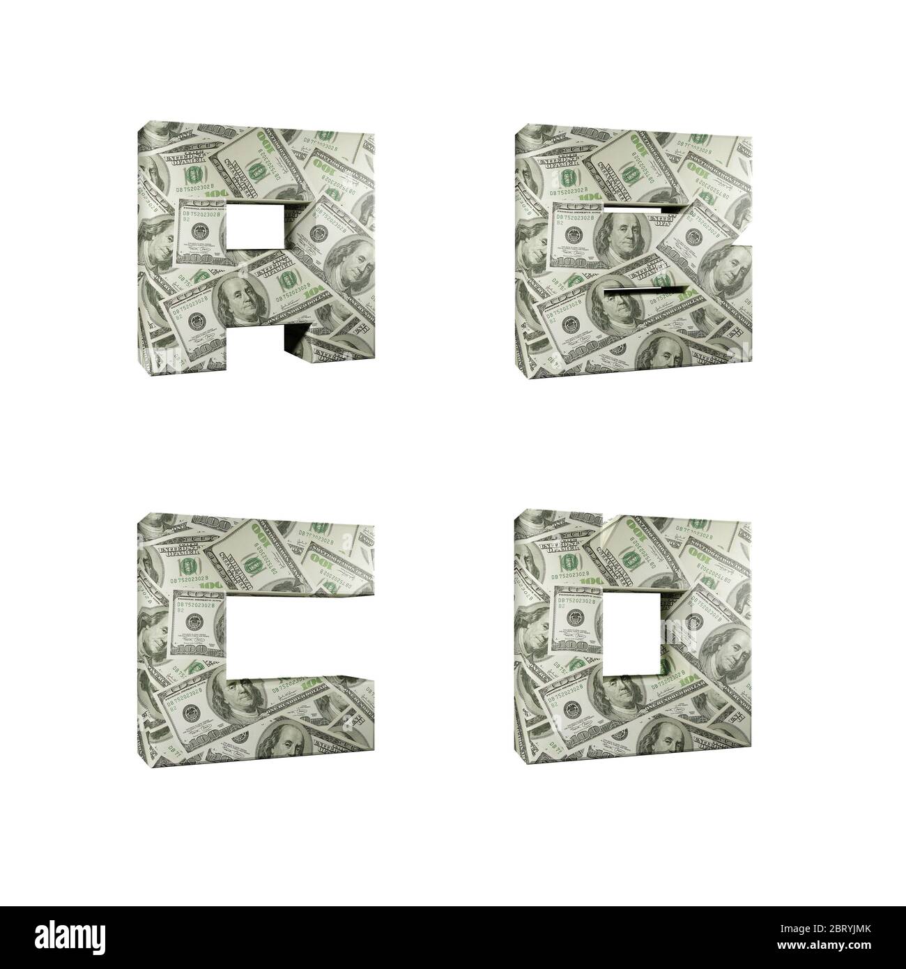 3D-Rendering von Alphabet umwickelt mit 100 USD Dollar Banknoten, Buchstaben A-D auf weißem Hintergrund Stockfoto