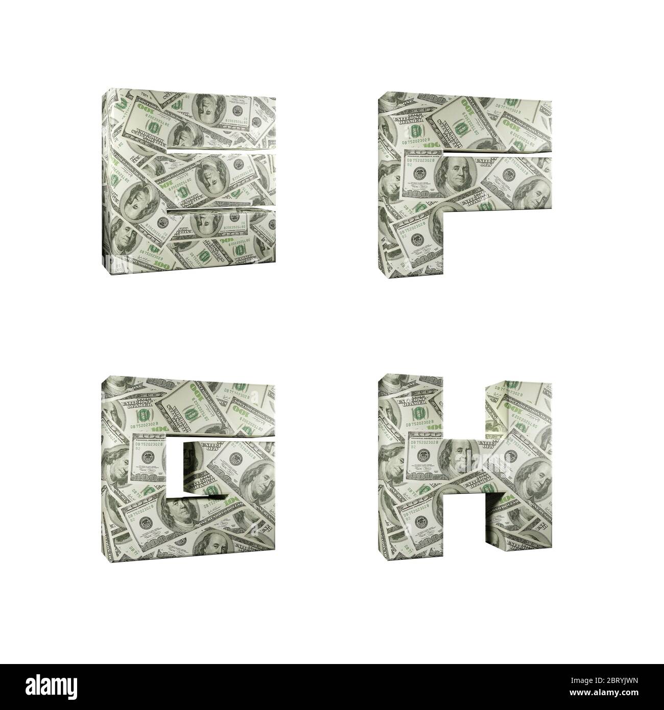 3D-Rendering von Alphabet umwickelt mit 100 USD Dollar Banknoten, Buchstaben E-H auf weißem Hintergrund Stockfoto