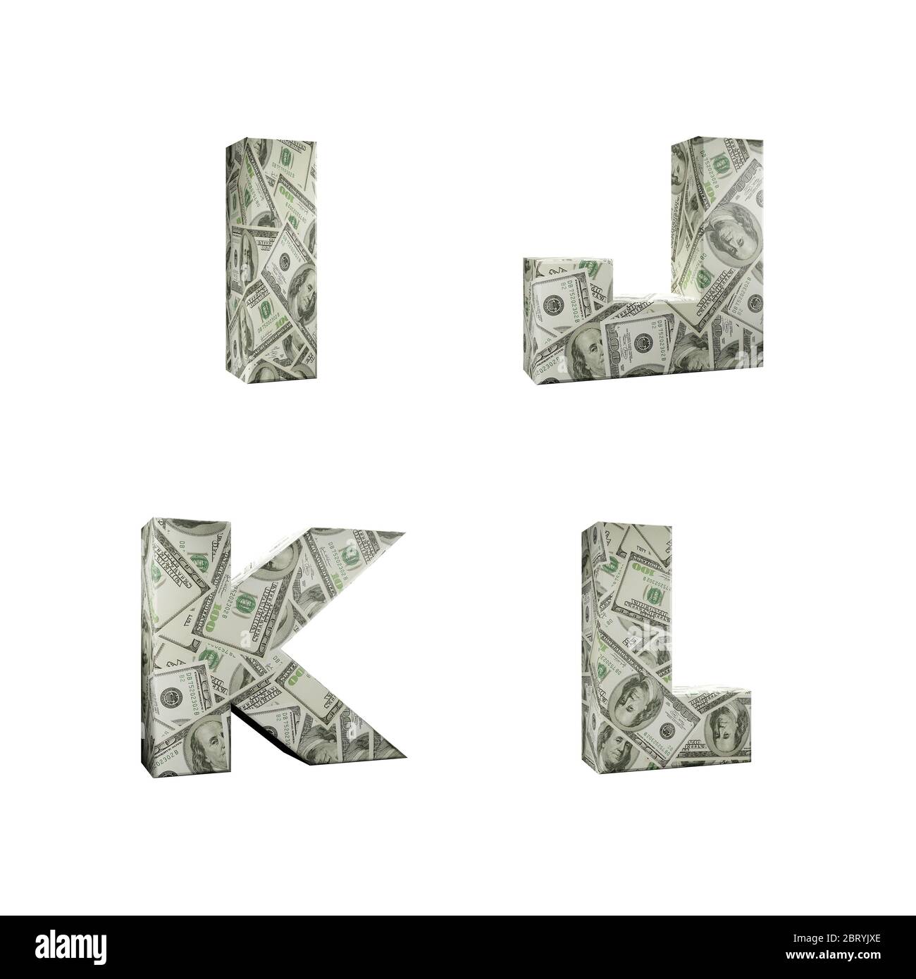 3D-Rendering von Alphabet umwickelt mit 100 USD Dollar Banknoten, Buchstaben I-L auf weißem Hintergrund Stockfoto
