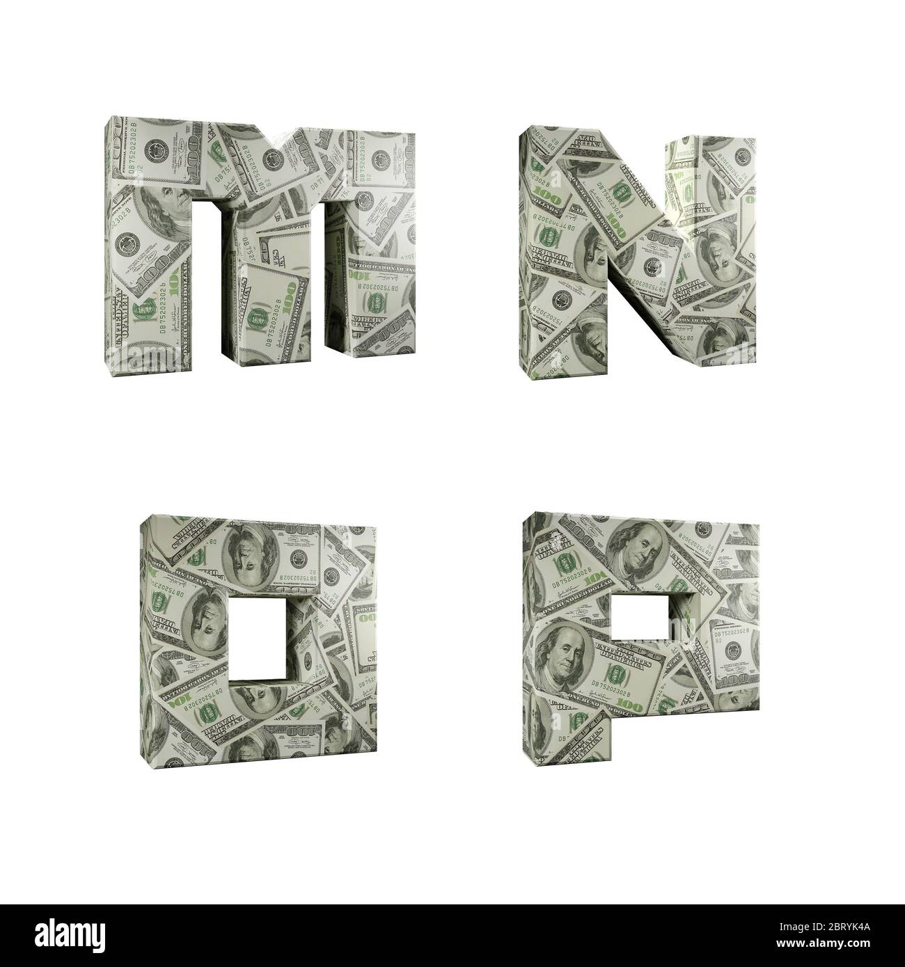 3D-Rendering von Alphabet umwickelt mit 100 USD Dollar Banknoten, Buchstaben M-P auf weißem Hintergrund Stockfoto