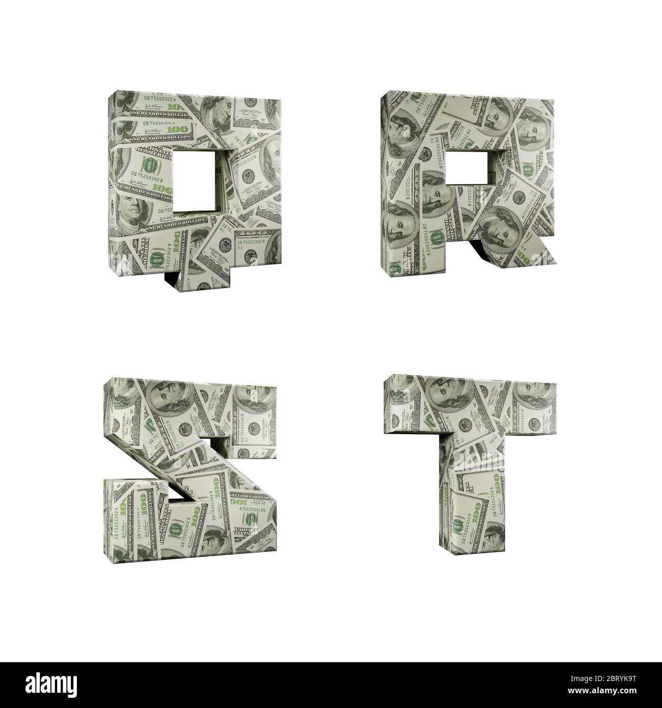 3D-Rendering von Alphabet umwickelt mit 100 USD Dollar Banknoten, Buchstaben Q-T auf weißem Hintergrund Stockfoto