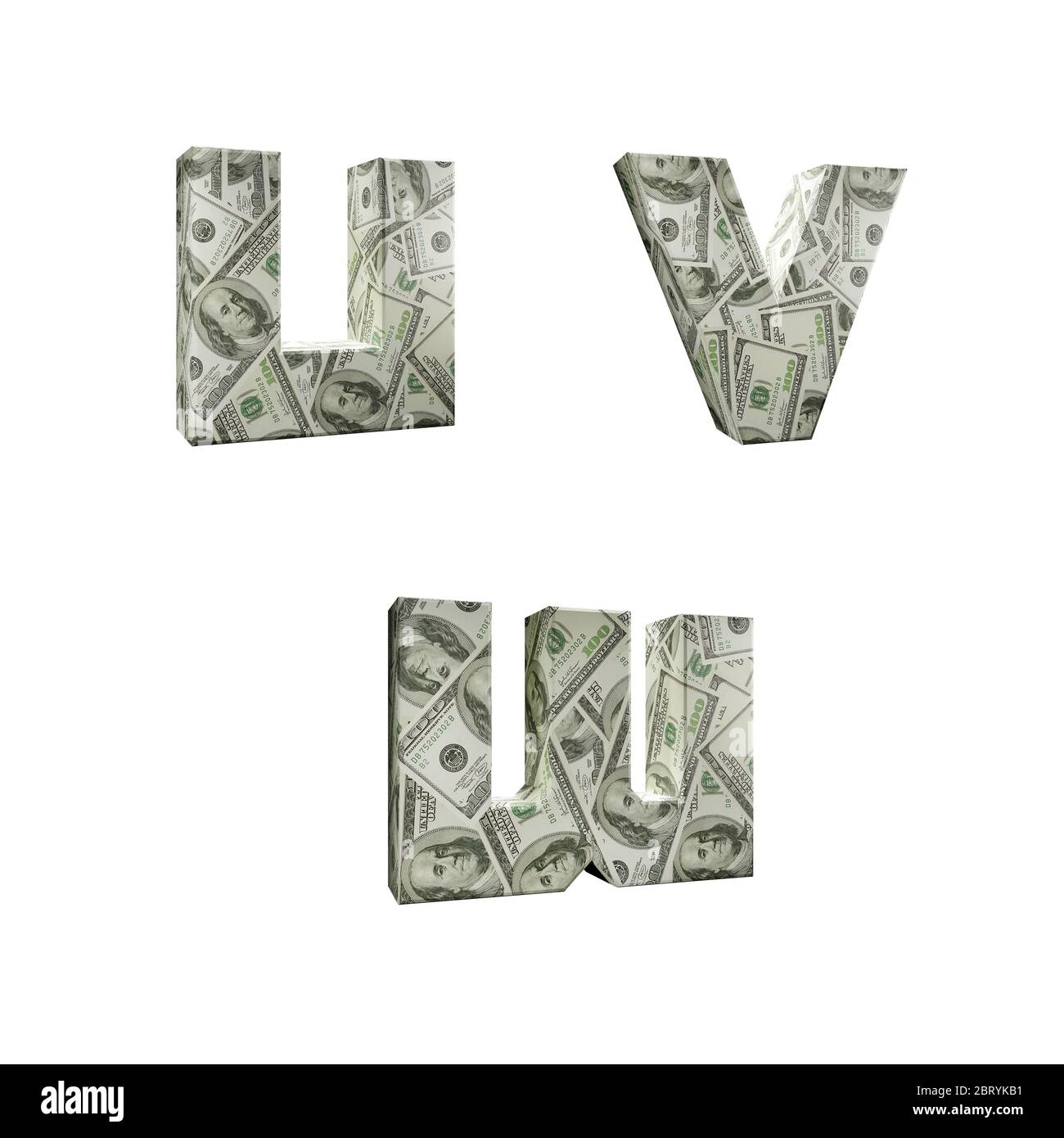 3D-Rendering von Alphabet umwickelt mit 100 USD Dollar Banknoten, Buchstaben U-W auf weißem Hintergrund Stockfoto