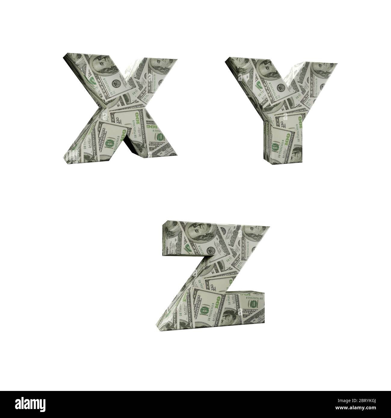 3D-Rendering von Alphabet umwickelt mit 100 USD Dollar Banknoten, Buchstaben X-Z auf weißem Hintergrund Stockfoto
