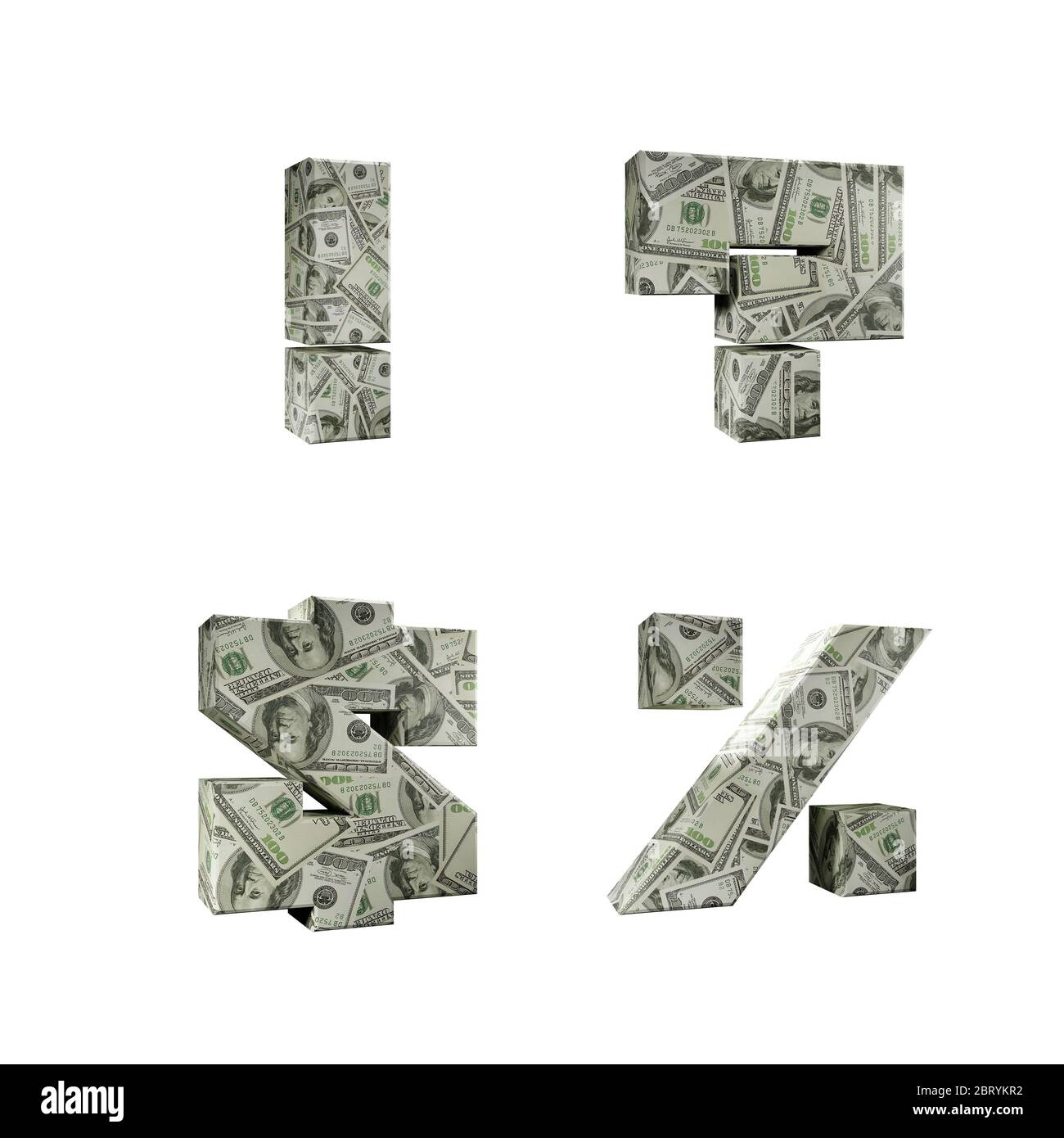 3D-Rendering des Alphabets umwickelt mit 100 USD-Dollar-Banknoten: Ausmalung Marke, Fragezeichen, Dollar-Zeichen und Prozentzeichen über whi Stockfoto
