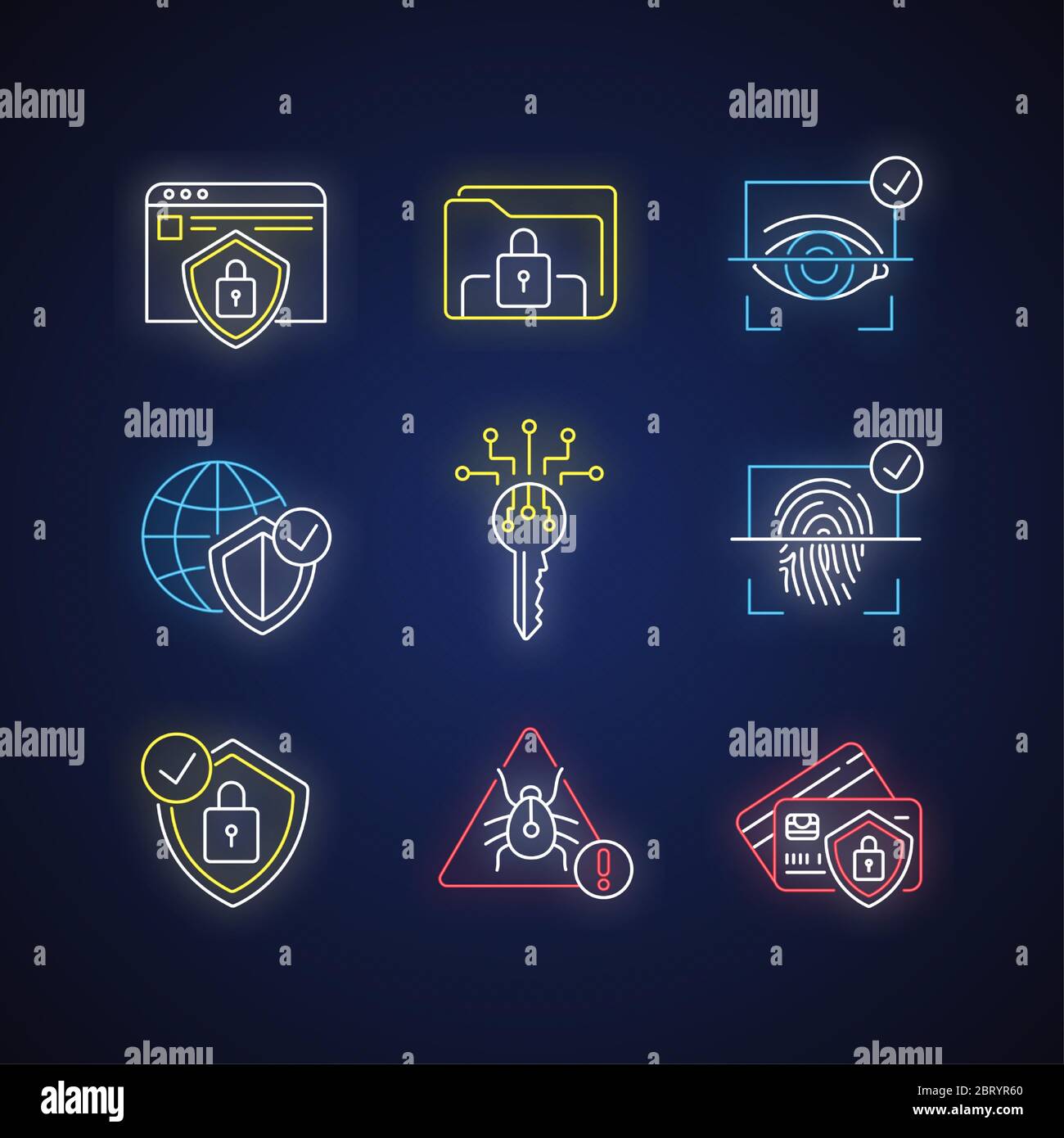 Sicherheitssystem Neonlicht Symbole gesetzt Stock Vektor