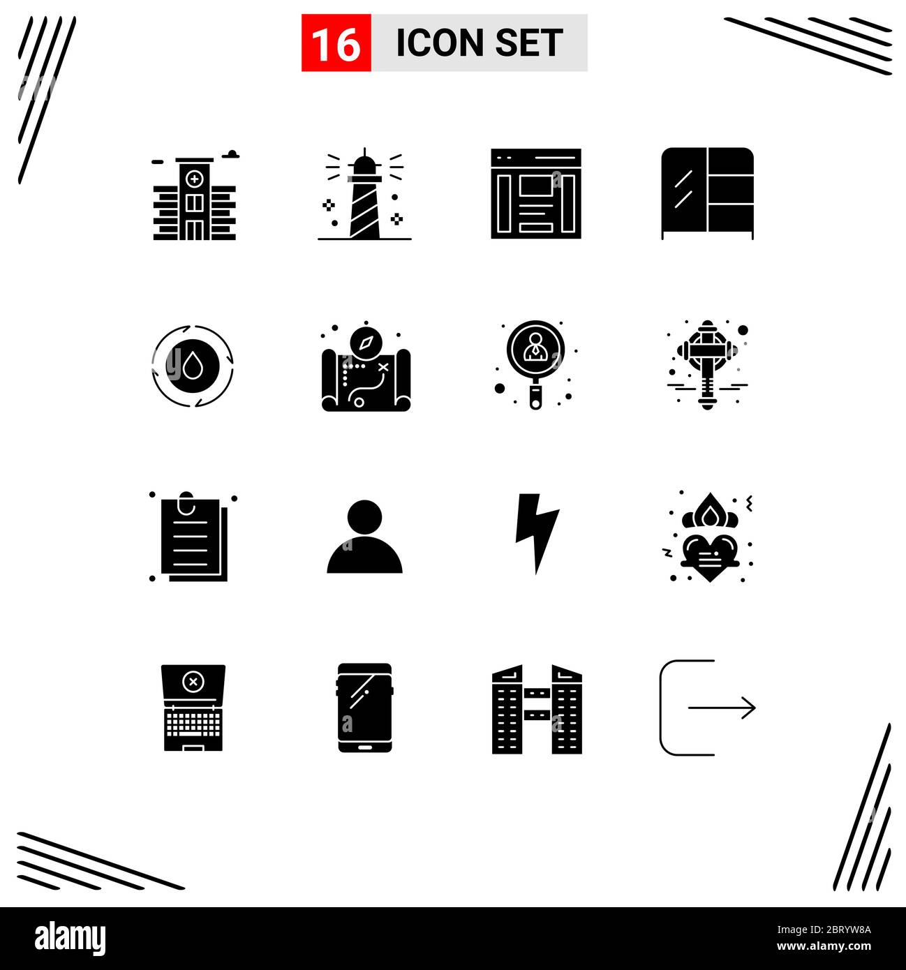 Modernes Set von 16 Solid Glyphen Piktogramm von Wasser, Kleiderschrank, Kommunikation, Interieur, Sidebar editierbar Vektor Design-Elemente Stock Vektor