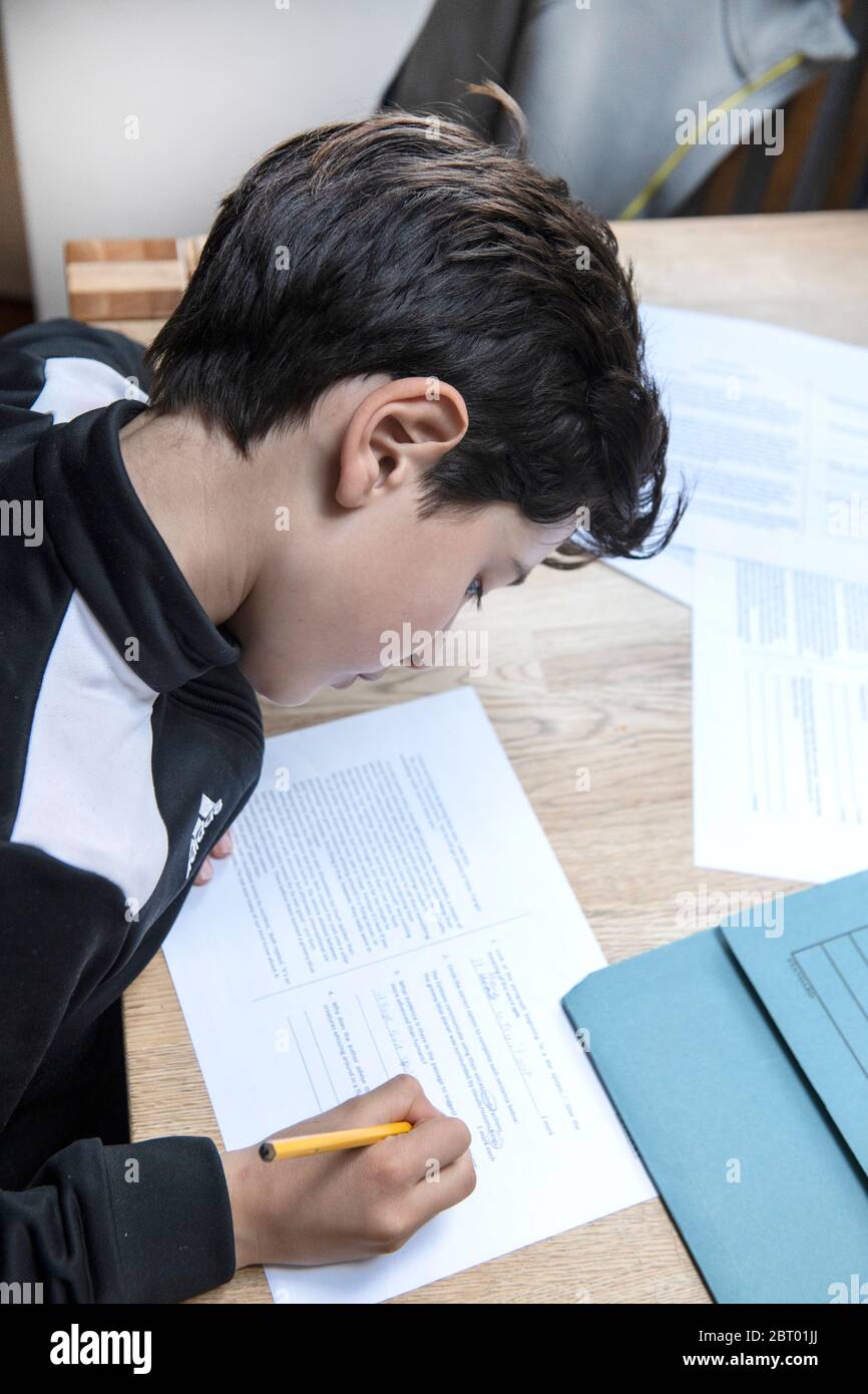 Junge mit braunen Haaren sitzt am Tisch zu Hause, seine Hausaufgaben zu machen. Stockfoto