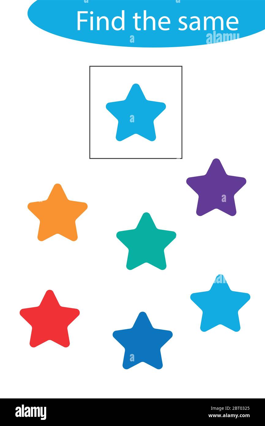 Finden Sie den gleichen Stern, Spaß Bildung Spiel für Kinder, Vorschule Arbeitsblatt Aktivität für Kinder, Aufgabe für die Entwicklung von logischem Denken, Vektor Stock Vektor